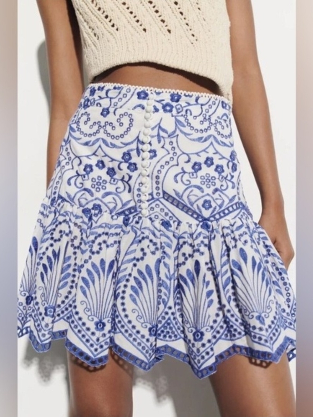 Zara Blue & White Embroidered Flared Mini Skirt